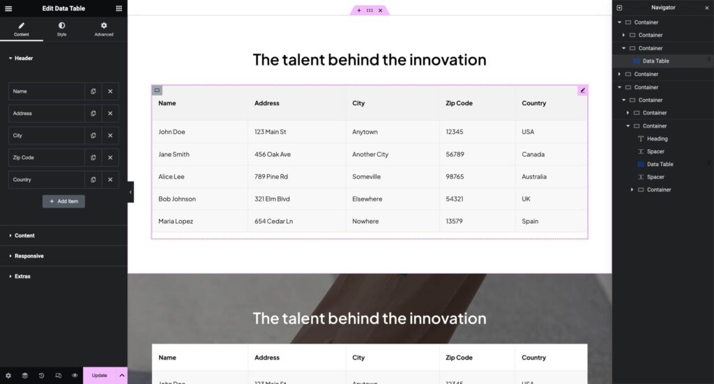 Data Table Elementor Widget - GW Elementor Addons & Themes Documentation